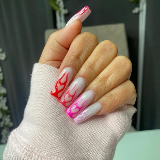 72 Cutest Valentine’s Day Manicure Ideas — Gradient Flame Acrylic Nails