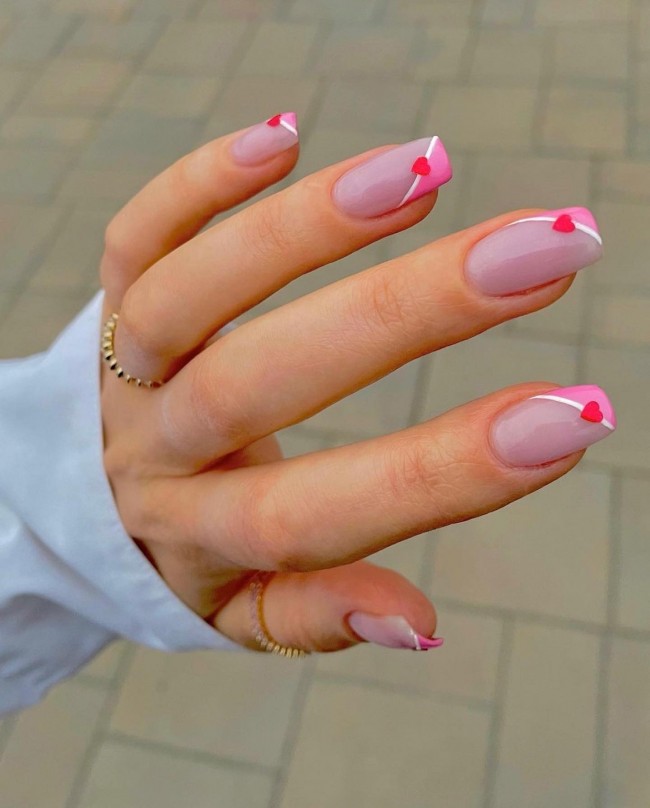 side french pink heart, pink french mani with hearts, love heart nails, modern french manicure, valentines day nails, valentines day nails 2022