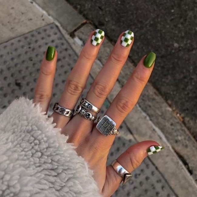 75 The Coolest Checkered Nail Art Designs  — Olive Green Checkered Nails