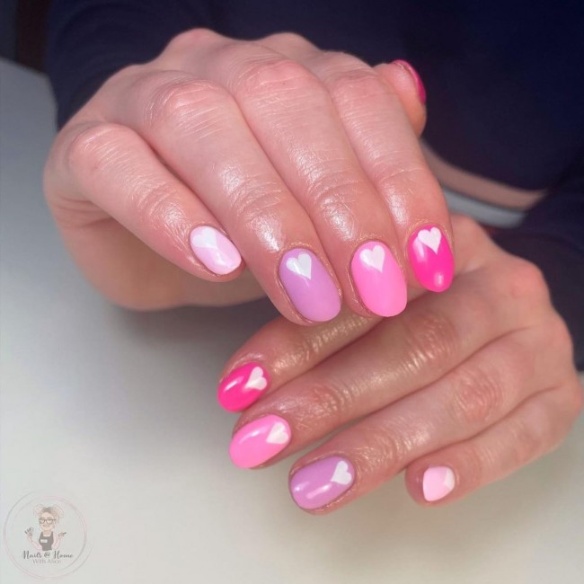 gradient pink nails with white hearts, love heart nails , valentine's day nails, valentine nails 2022