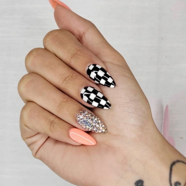 75 The Coolest Checkered Nail Art Designs  — Peach, Gem & Checkered Nails