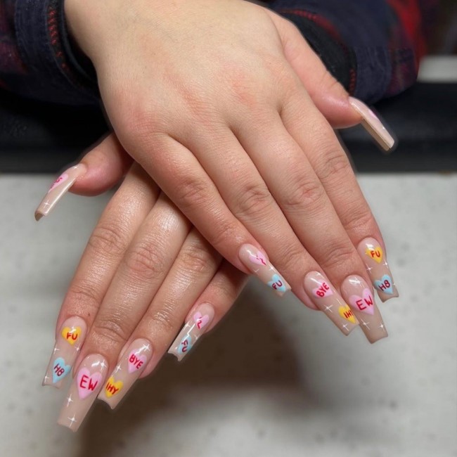 72 Cutest Valentine’s Day Manicure Ideas — Candy Heart Acrylic Nude Nail Art