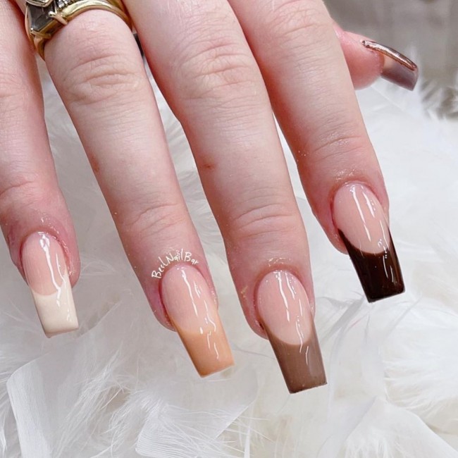 65 Stylish Ways To Wear Nude Nails —  Gradient Brown French Tip Nude Nail Design