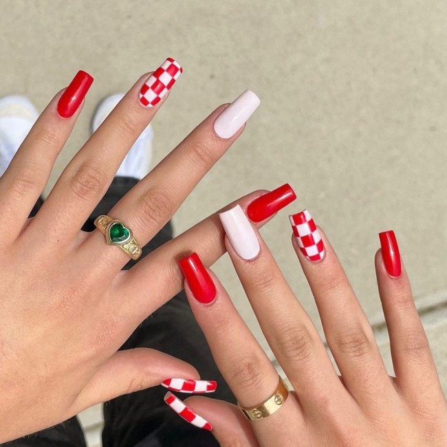 75 The Coolest Checkered Nail Art Designs  — Red and White Checkered Nails