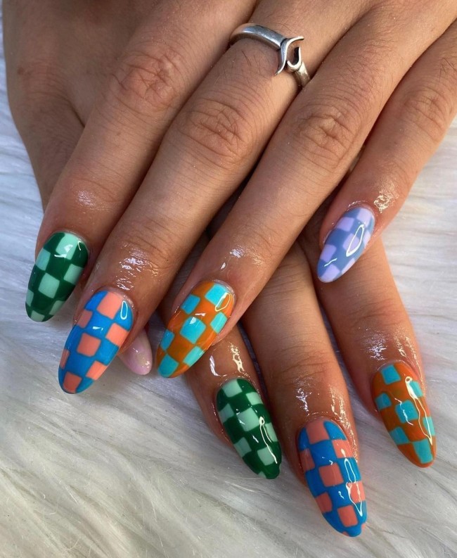 75 The Coolest Checkered Nail Art Designs  — Mixed Color Checkered Nails