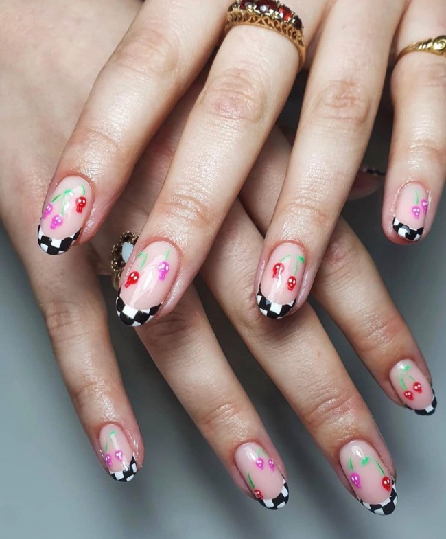 75 The Coolest Checkered Nail Art Designs  — Strawberry & Checkered Nails