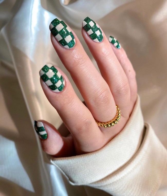 75 The Coolest Checkered Nail Art Designs  — Glitter Green Checkered Nails