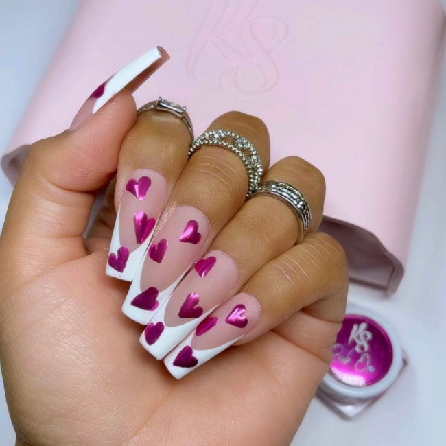 72 Cutest Valentine’s Day Manicure Ideas — Chrome Heart French Nails