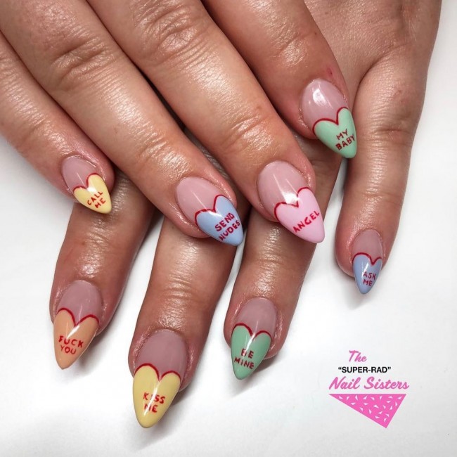 72 Cutest Valentine’s Day Manicure Ideas — Pastel Candy Love Heart Tip Nails