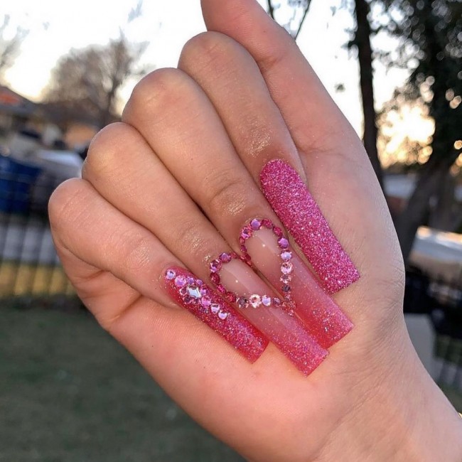 acrylic nails, pink nails, pink valentines day nails