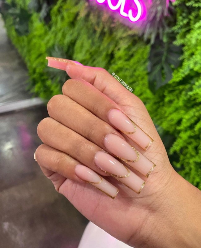 Nude Acrylic Nail Art Designs — Glitter Outline French Nude Nails