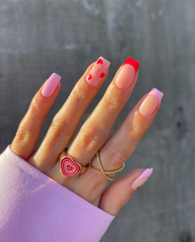 72 Cutest Valentine’s Day Manicure Ideas —Mixed French + Hearts