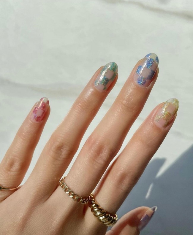 75 The Coolest Checkered Nail Art Designs  — Glitter Checkered Nails