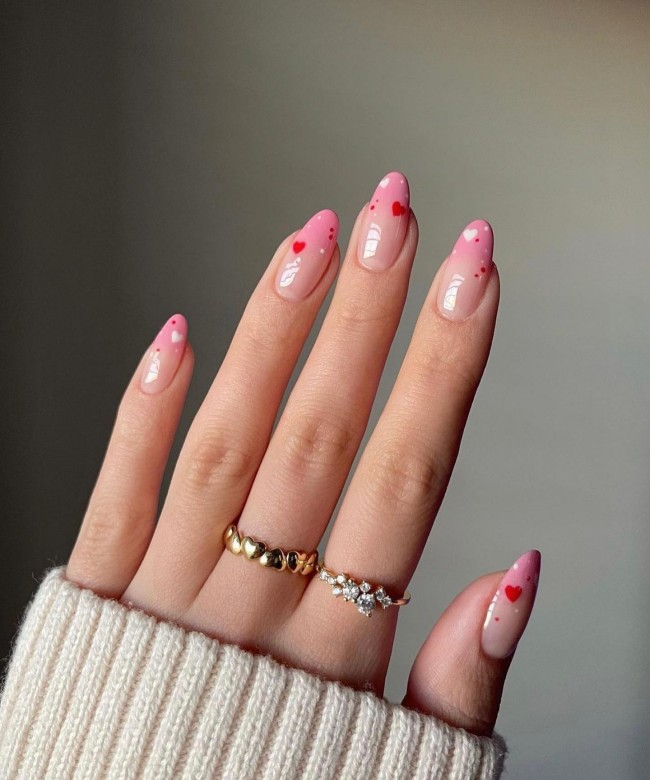 72 Cutest Valentine's Day Manicure Ideas — Pink Ombre Tips with Hearts