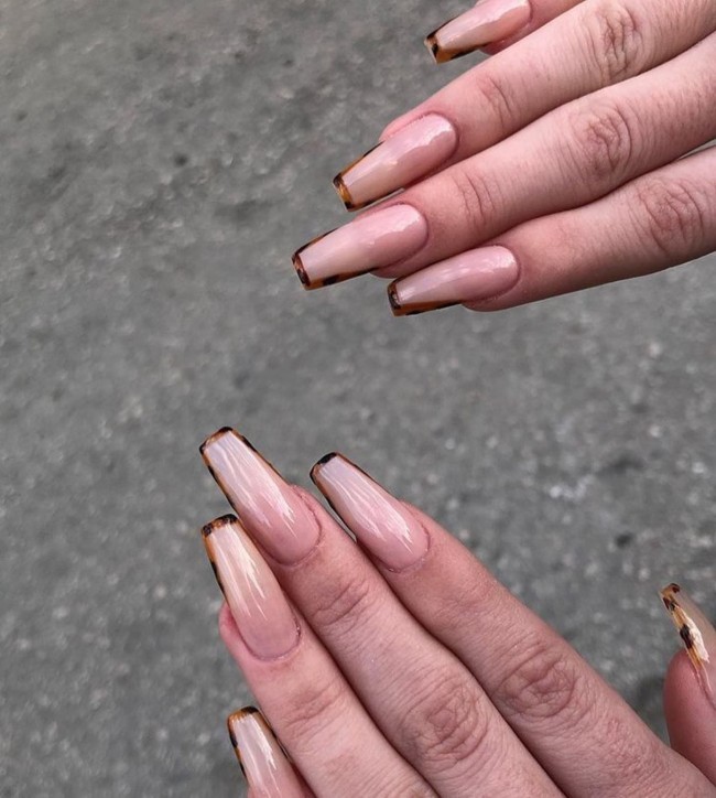 Nude Acrylic Nail Art Designs — Tortoiseshell Outline Tips