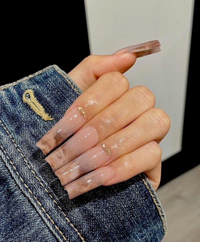 Nude Acrylic Nail Art Designs — Coffee Tone Marble Tips