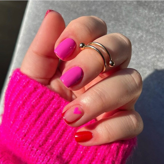 59 Cutest Love Heart Nail Art Designs — Mix and Match Hot Pink and Red Nails