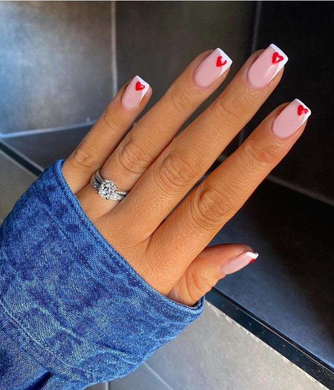 59 Cutest Love Heart Nail Art Designs — Side French White Nails with Red Heart