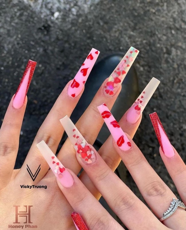 59 Cutest Love Heart Nail Art Designs — Pink and Red Kiss and Heart Acrylic Nails