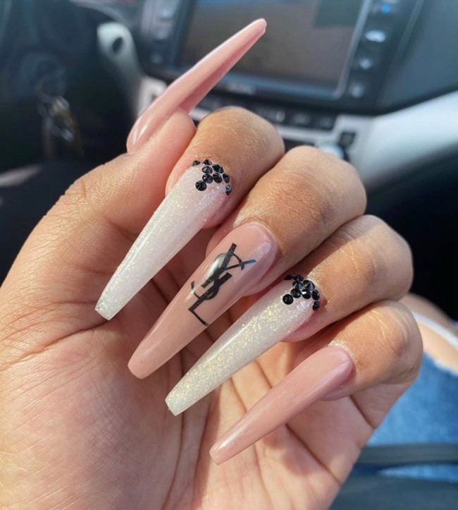 70+ Designer Brand Nail Art Ideas — Nude & Shimmery White YSL Nails