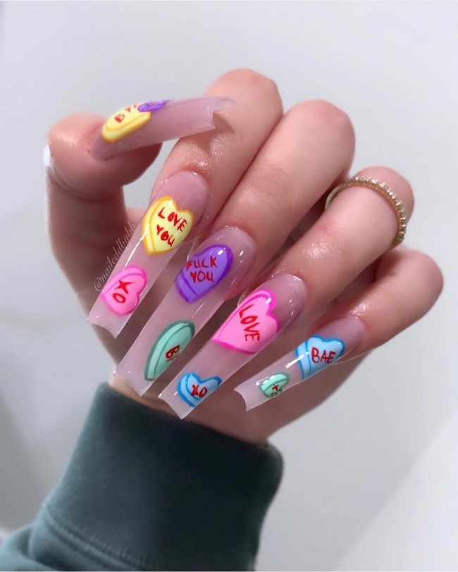 59 Cutest Love Heart Nail Art Designs — Candy Heart Nails Coffin