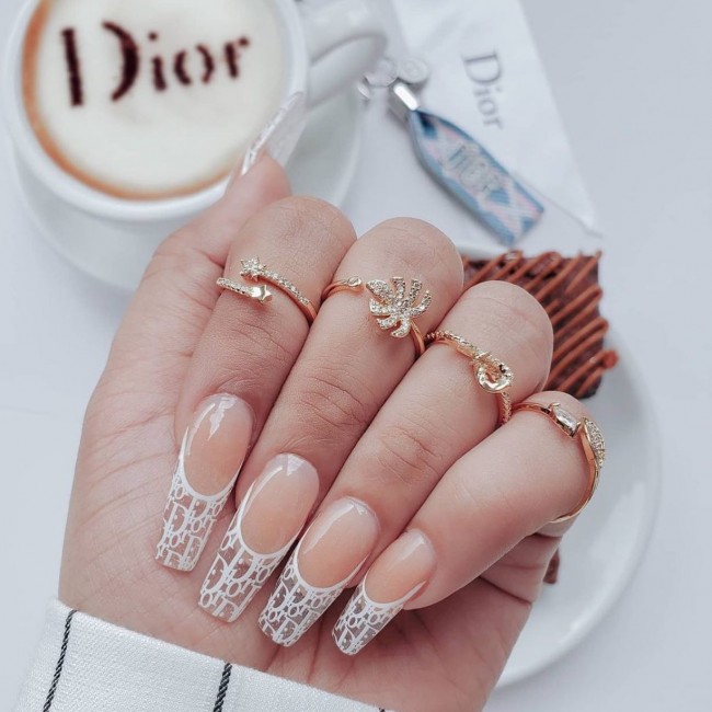 50+ Best Dior Inspired Nail Art Ideas — White Dior Logo Print French