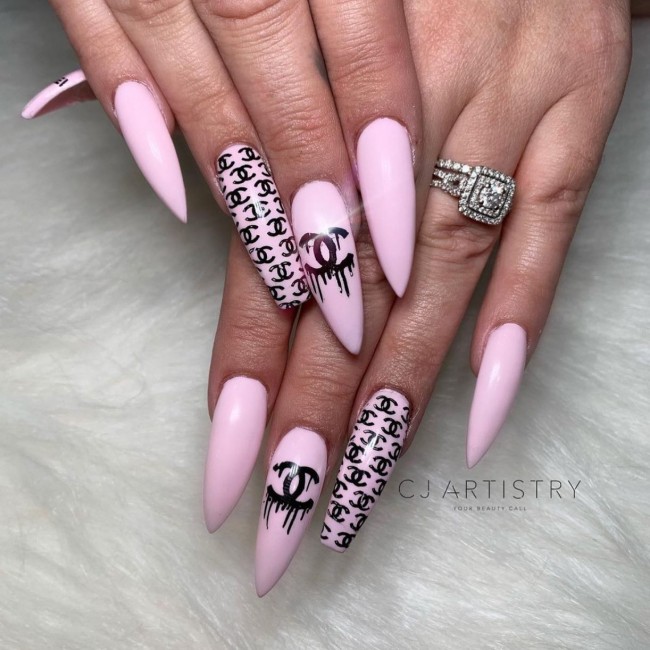 chanel pink nails, chanel inspired nail art designs