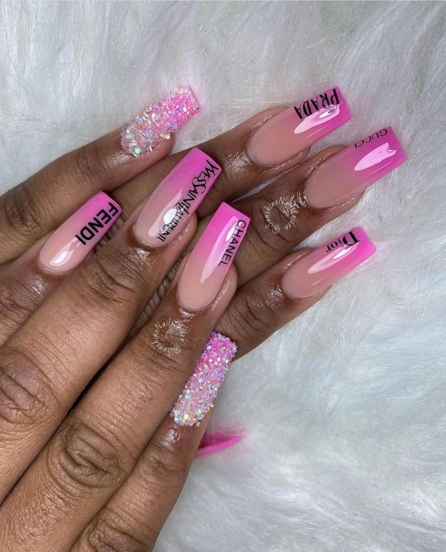 70+ Designer Brand Nail Art Ideas — Ombre Pink Mix Brand Nails