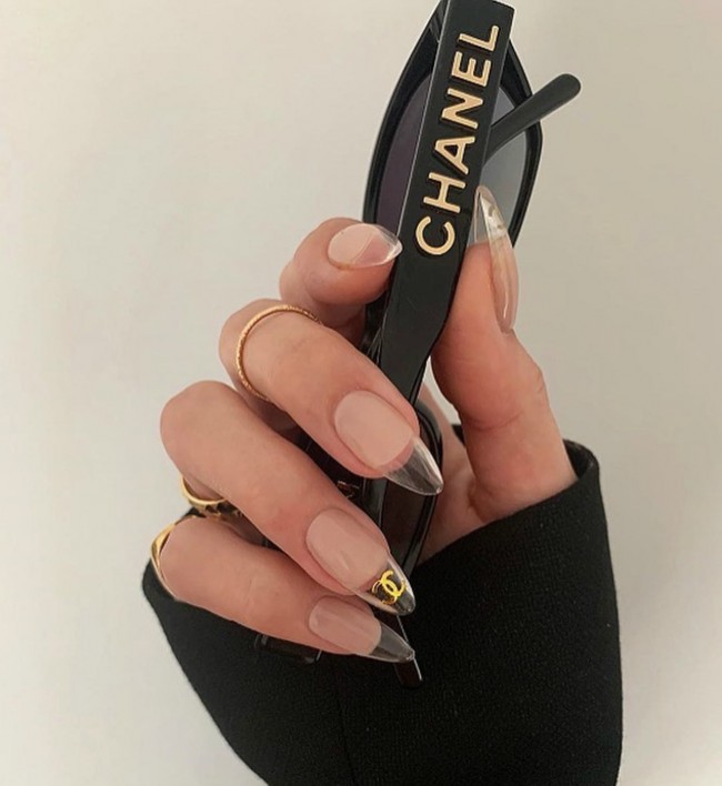 70+ Designer Brand Nail Art Ideas — Clear French Tips with Gold Chanel