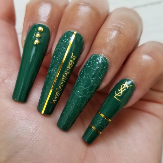 70+ Designer Brand Nail Art Ideas — Green Acrylic YSL Nails