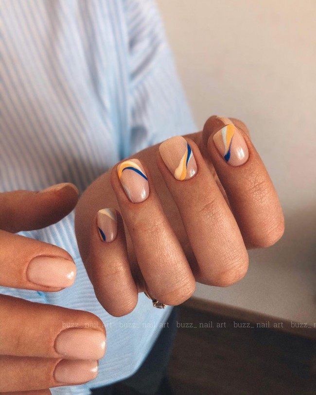 abstract nude nails, yellow swirl nude nails, nude nails 2022