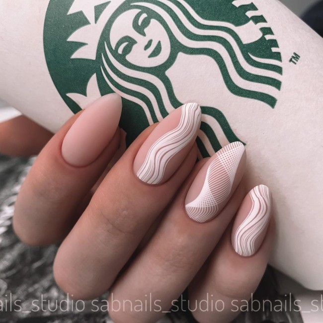 abstract nude nails, nude nails 2022, nude nails with design, white line nude nails, nude nails with white lines