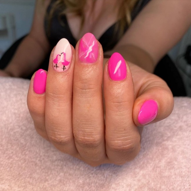 50+ Flamingo Nail Art Designs — Marble Hot Pink Flamingo Nails