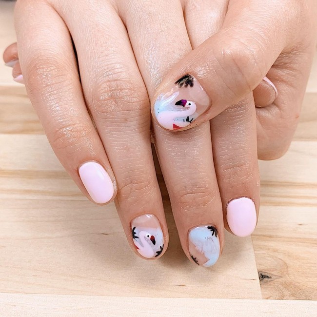 50+ Flamingo Nail Art Designs — Flamingo Short Light Pink Nail Art