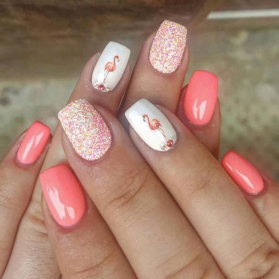 peach nails, summer nail designs 2022, flamingo nails, flamingo nail art designs, tropical nail designs, summer nail art, pink flamingo nail polish, summer nail trends