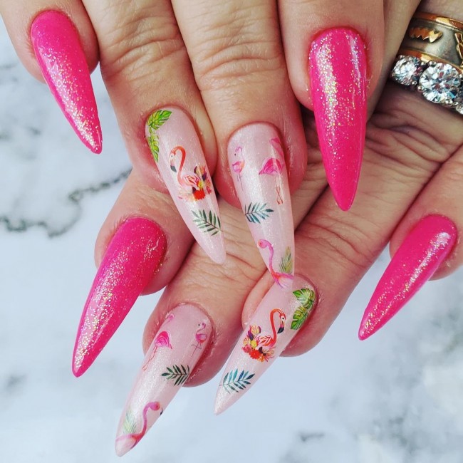 summer nail designs 2022, flamingo nails, flamingo nail art designs, tropical nail designs, summer nail art, pink flamingo nail polish, summer nail trends