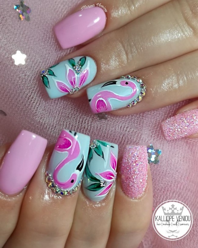 50+ Flamingo Nail Art Designs — Pink and Green Coffin Nails