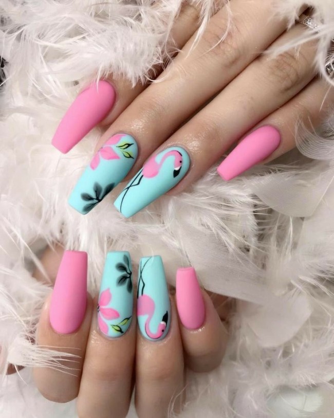 flamingo nails, flamingo nail art designs, tropical nail designs, summer nail art, pink flamingo nail polish, summer nail trends