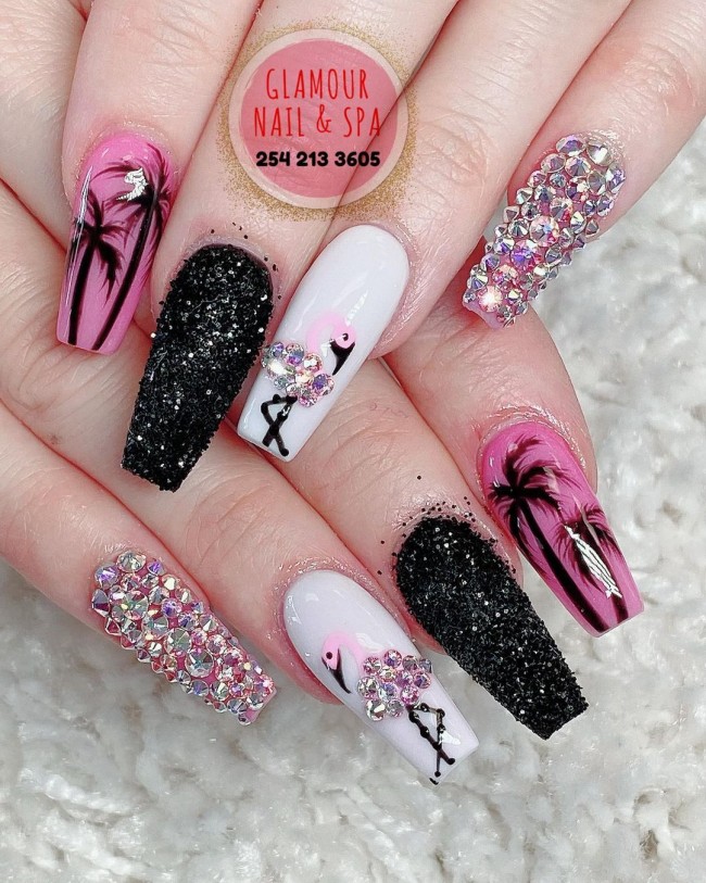 50+ Flamingo Nail Art Designs — Black, Pink, White, Bling and Flamingo Acrylic Nails