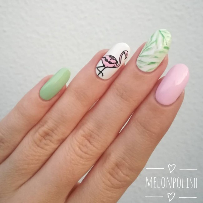 50+ Flamingo Nail Art Designs — Soft Green Leave, Pink and Flamingo Nails