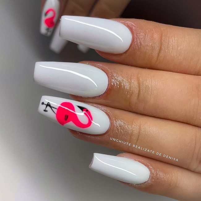 50+ Flamingo Nail Art Designs — Pink Flamingo White Coffin Nails