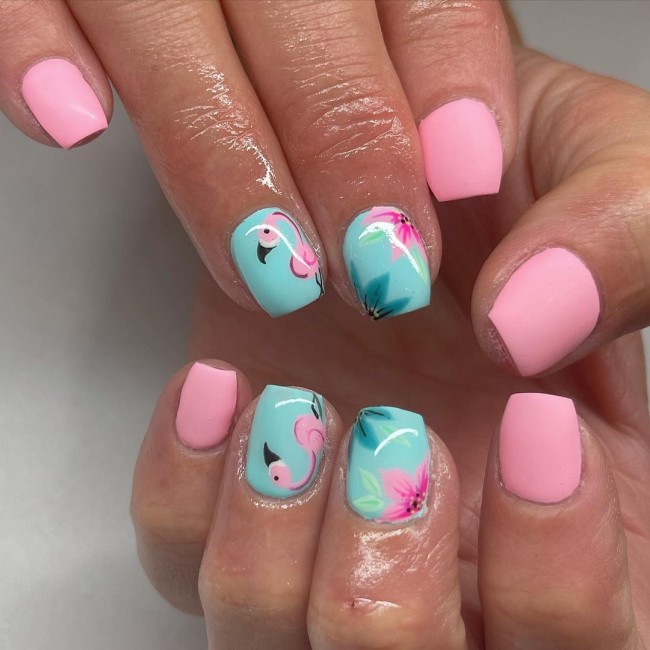 50+ Flamingo Nail Art Designs — Pink and Green Flamingo Short Nail Art Design