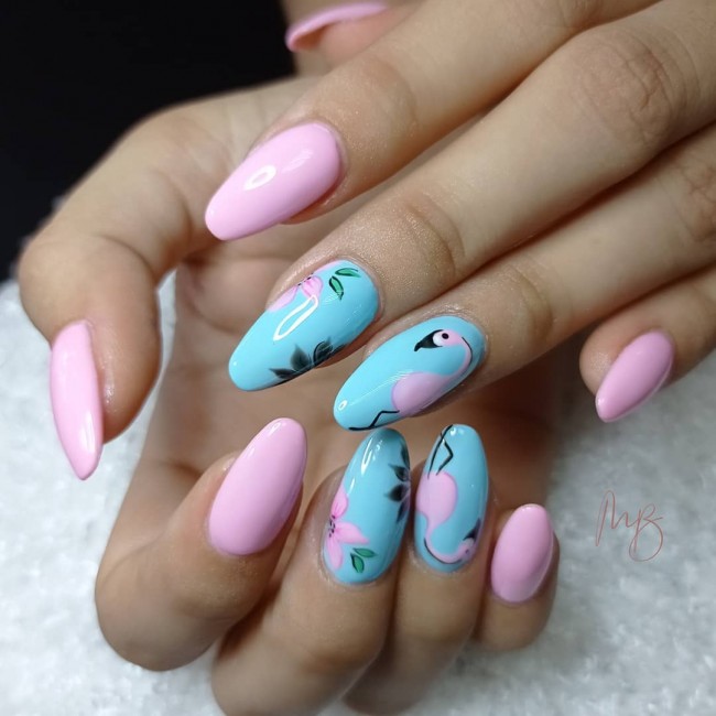 50+ Flamingo Nail Art Designs — Flamingo Blue and Pink Nails