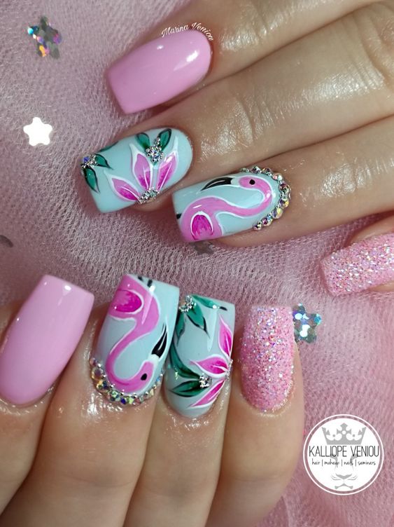 50+ Flamingo Nail Art Designs — Tropical Flamingo Pink Nails