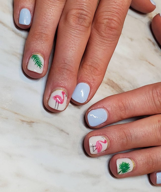 50+ Flamingo Nail Art Designs — Blue and White Flamingo Short Nails