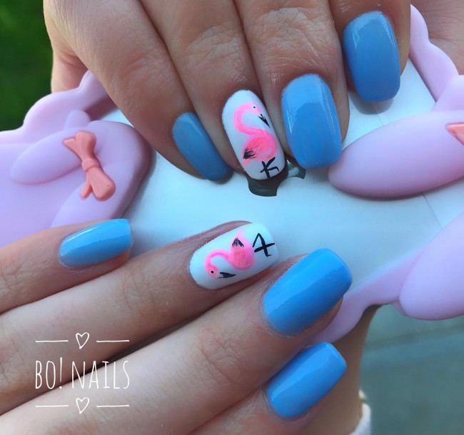 50+ Flamingo Nail Art Designs — Bright Blue & Flamingo Nails