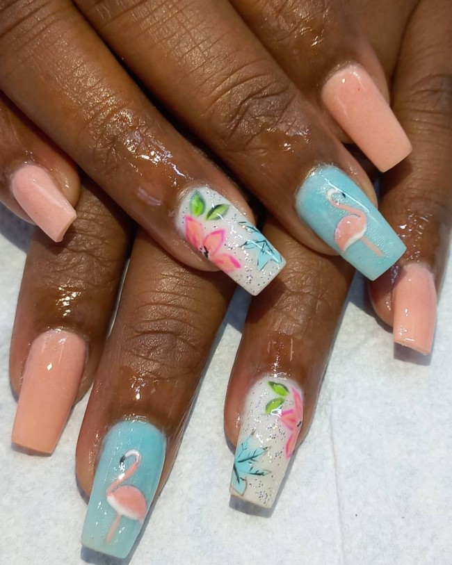 50+ Flamingo Nail Art Designs — Flamingo Blue and Peach Nails