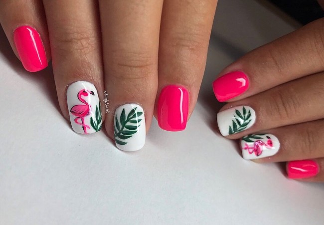 hot pink and white nails, summer nails, flamingo nails, tropical nails