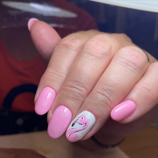 baby pink flamingo nails, white and pink nails, summer nails