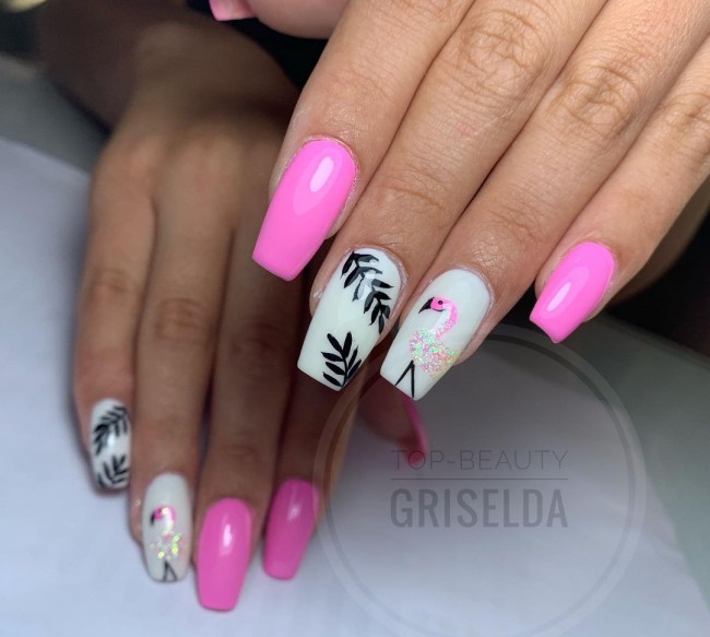 50+ Flamingo Nail Art Designs — Barbie Pink & White Flamingo Nails